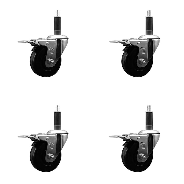 3.5'' SS Phenolic Swivel 1'' Expanding Stem Caster Set Total Lock Brake, 4PK